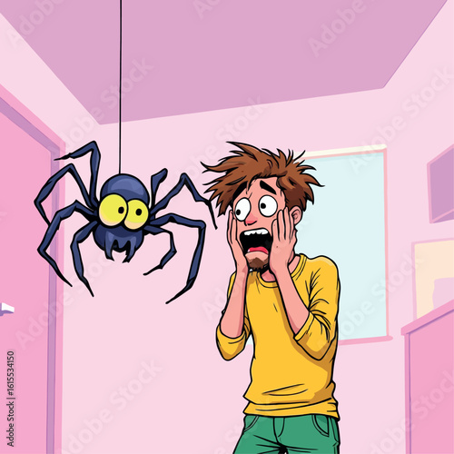 Vsai man screaming at hanging spider, arachnophobia concept