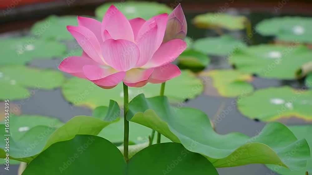 Beautiful pink lotus blossom in a serene pond scene