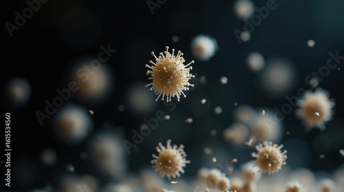 Fototapeta Naklejka Na Ścianę i Meble -  Microscopic view of airborne spores suspended in dark space with scientific lighting

