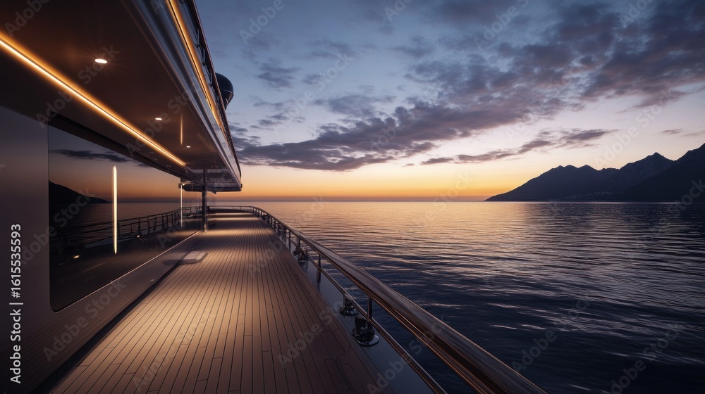 Fototapeta premium Luxury yacht deck at sunset over a lake