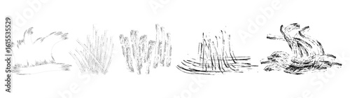 A collection of grunge style brush strokes resembling grass and scratch textures, These handcrafted ink strokes provide a unique textured look for modern, vintage, or creative projects.