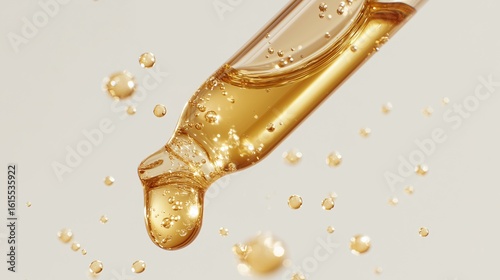 Luxurious golden serum dripping from dropper for skincare and beauty product promotions