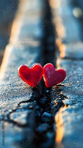 Two Red Heart Shapes on Cracked Gray Stone Surface, Abstract Relationship Concept