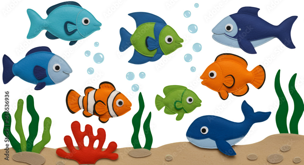 Naklejka premium Cartoon Illustration Of Colorful Fish With Underwater Elements In Sea View