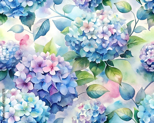 Vibrant watercolor painting of lush blue and purple hydrangeas with delicate green leaves and soft pastel background