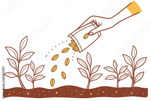 Hand sowing yellow seeds into fresh soil row with young plant sprouts
