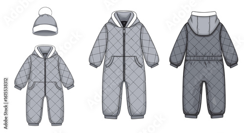 Quilted gray winter baby snowsuit and hat designs illustration
