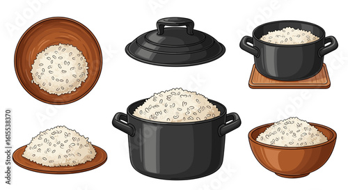Rice bowl array: Various bowls containing prepared rice illustration