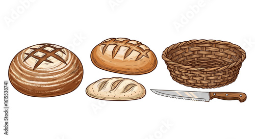 Fresh baked artisan breads with basket and knife illustration