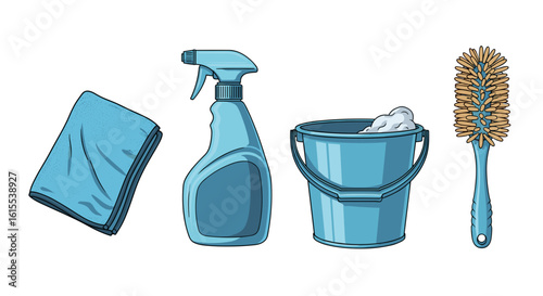 Cleaning essentials: Organized collection of various supplies for housework