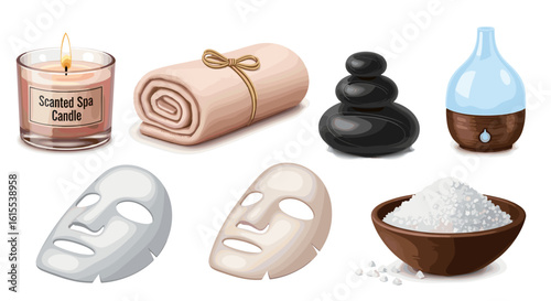 Relaxation spa treatment with candle, stones, mask, and salt essentials