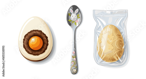 Exquisite easter egg presentation: chocolate, spoon, packaged for gifting