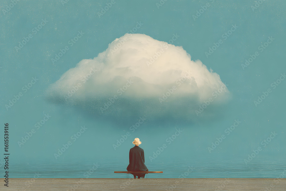 Fototapeta premium Woman Contemplating a Large White Cloud Over a Tranquil Sea at Night