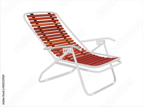 Foldable lounger vector with metal tubular frame and wood slats. Patio chair, folding chair for relaxation, sunbathing. Clipart in flat cartoon style isolated on white background.