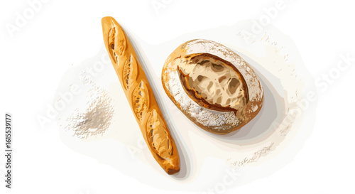 Fresh baked bread assortment on white surface with flour detail