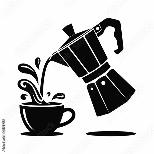 Espresso pouring from moka pot into a cup