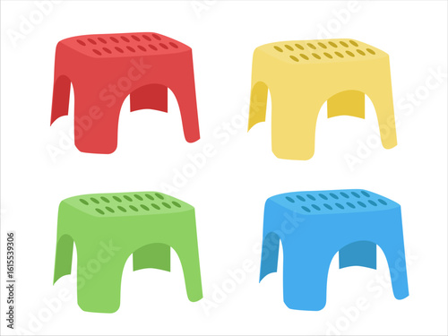 Plastic chair vector set. Plastic chair clipart with different colors. Flat vector in cartoon style isolated on white background. Household item.