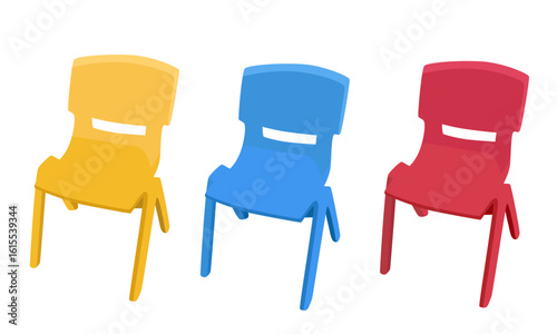 Plastic chair vector set. Plastic product, home furniture, classroom furniture. Plastic chair clipart in flat cartoon style isolated on white background.
