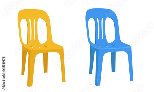 Plastic chair vector set. Chair clipart in different colors. Flat vector in cartoon style isolated on white background. Home furniture, household item.