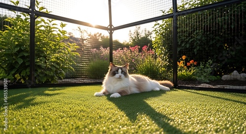 Charming Ragdoll Cat Relaxing in a Sunlit Outdoor Catio Surrounded by Lush Greenery and Colorful Flowers, Embracing a Serene and Peaceful Atmosphere in a Private Garden Setting