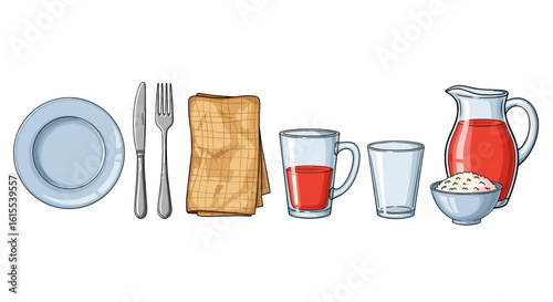 Table setting with juice, food, and tableware, a vector drawing.