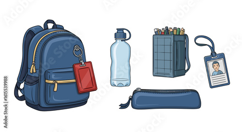 School supplies: Backpack, water bottle, pencil case, and identification card.