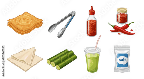 Illustration showcasing food ingredients and cooking equipment in colorful style