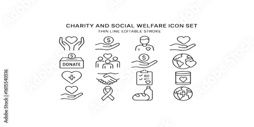 Print   Charity and social welfare icon set. Thin line editable stroke icons for philanthropic giving, nonprofit organizations, volunteering, donation, community support, humanitarian aid, and global 