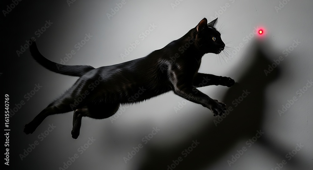 Fototapeta premium Dynamic Capture of a Black Cat Leaping Through the Air Chasing a Red Laser Dot, Showcasing Excitement and Playfulness in a Dramatic Indoor Setting
