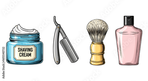 Grooming essentials: Hand-drawn shaving set featuring a cream, razor, and brush