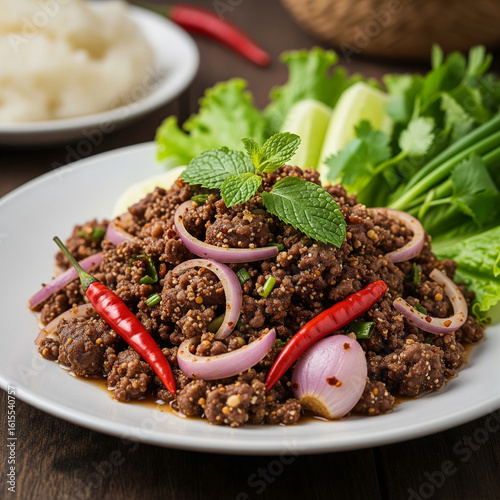 Rustic and Spicy Larb Moo Namtok (Thai Minced Pork Salad)..