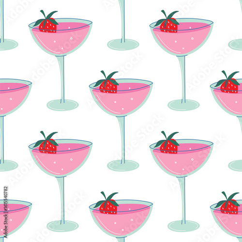 Cocktail seamless pattern. Elegant glass of alcohol drink with strawberry background. Flat design hand drawn vector illustration.

