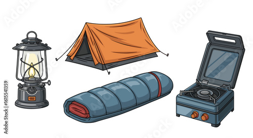 Camping equipment set: tent, lantern, sleeping bag and portable stove