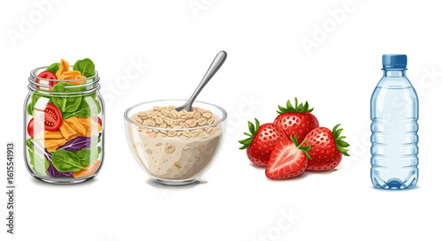 Healthy lunch: salad, oatmeal, strawberries, and water bottle arrangement image.