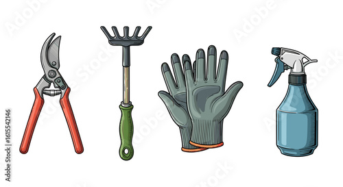 Essential gardening tools arranged isolated on a white background