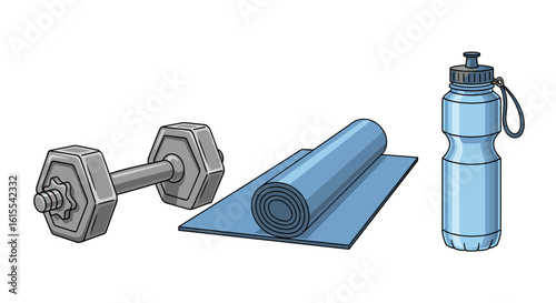 Fitness essentials arrangement: dumbbell, mat, and water bottle illustration