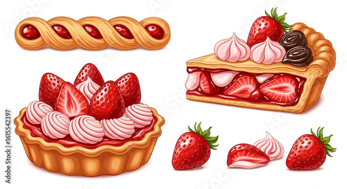 Delicious strawberry desserts and pastry displayed with careful artistic presentation.