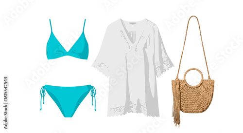 Summer beach essentials: Bikini, coverup, and stylish straw bag outfit