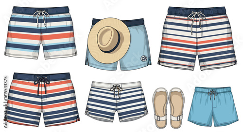 Summer vacation: Swim trunks collection with a straw hat and sandals