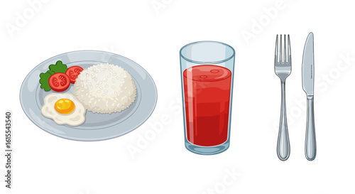 Illustrated breakfast scene featuring rice, egg, juice, and utensils
