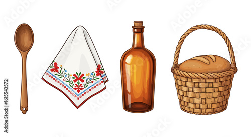 Rustic arrangement of hand-drawn kitchen objects isolated on white background.