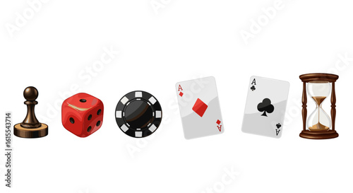 Games of chance elements: pawn, die, chip, cards, hourglass