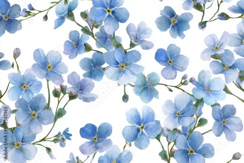 Delicate blue forget-me-not flowers in watercolor: seamless botanical pattern for eco-friendly branding, packaging, stationery, weddings, and home decor designs
