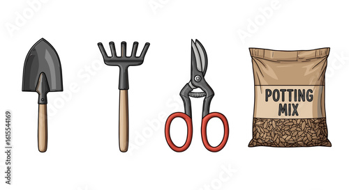 Garden tools and potting mix for a successful spring planting.