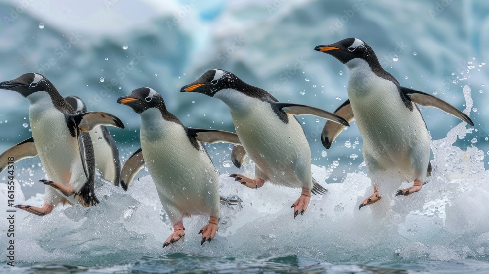 Fototapeta premium Gentoo penguins leaping over waves