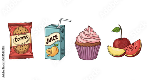 Cartoon depiction of cookies, juice, cupcake, cherry, and fruit