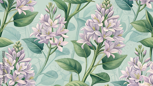 Seamless pattern illustration of Water Hyacinth flowers, high resolution, pastel green background, designed for printing on fabric or wallpaper.
