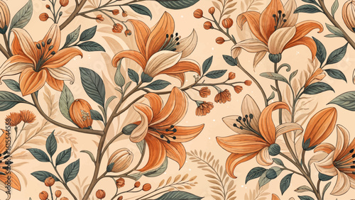 Seamless pattern illustration of Butea monosperma flower, high resolution, pastel orange background. Designed for printing on fabric or wallpaper.