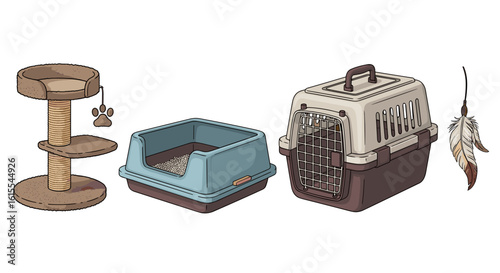 Assortment of essential cat accessories for indoor feline contentment.