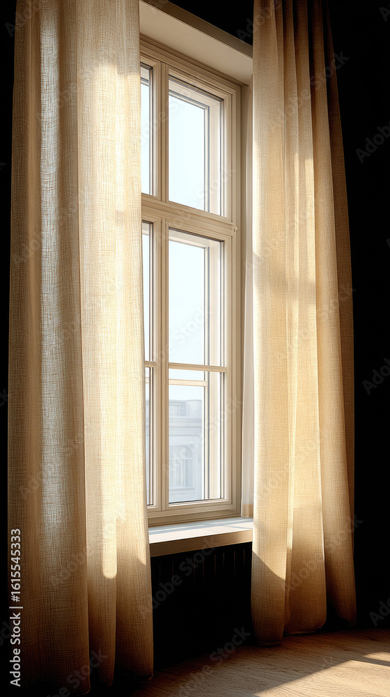 Fototapeta premium Soft sunlight filters through beige curtains on bright window